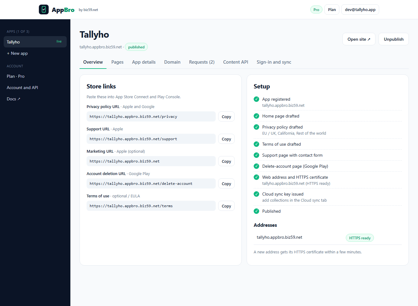 AppBro console: store links ready to copy and the setup steps