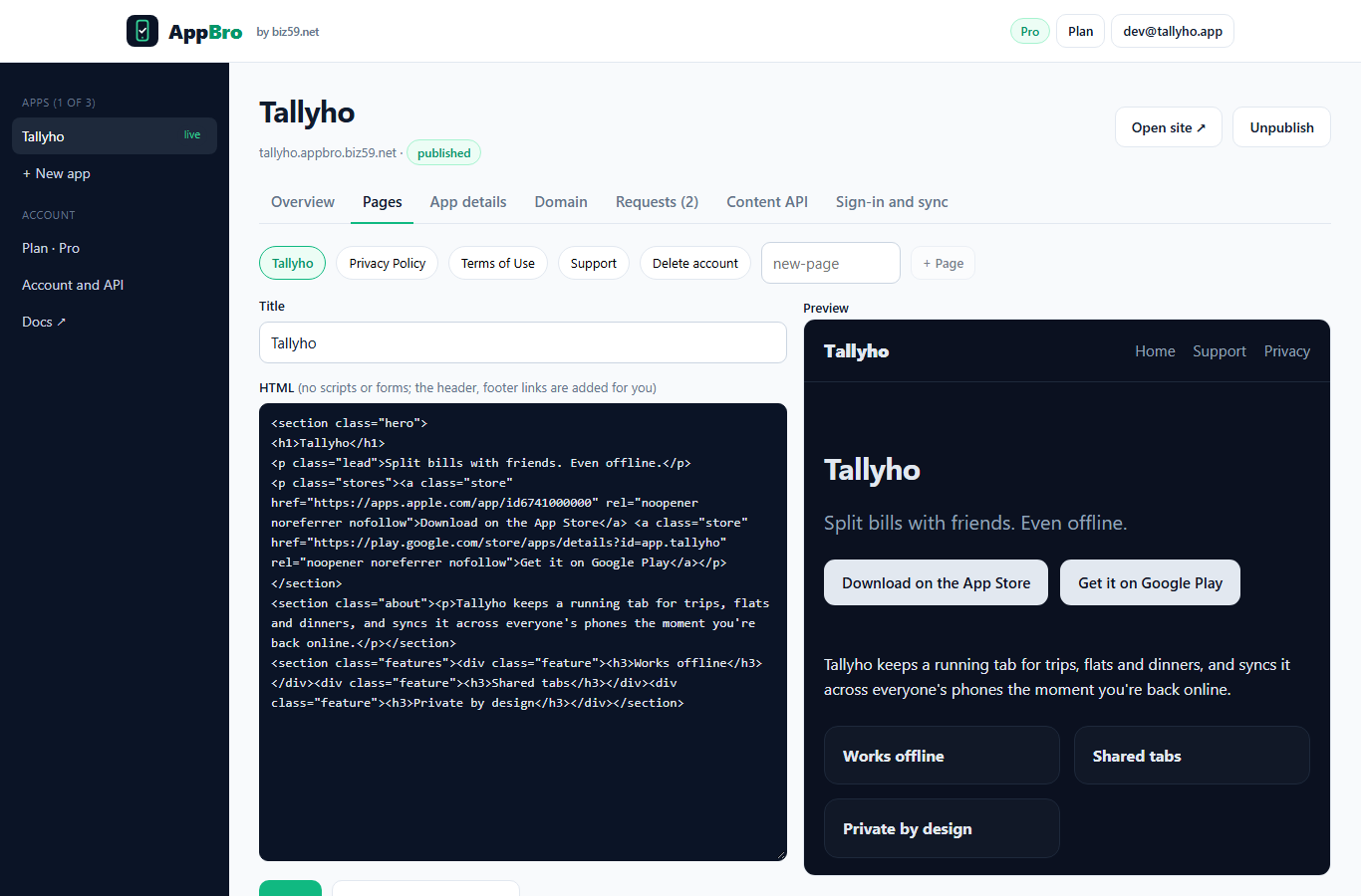 Editing an app page as HTML with a live preview
