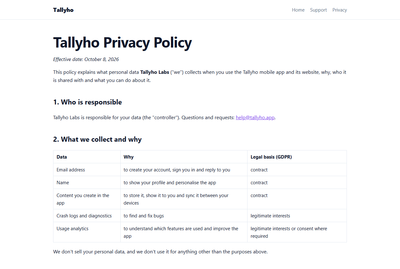 A privacy policy drafted by AppBro for a sample app