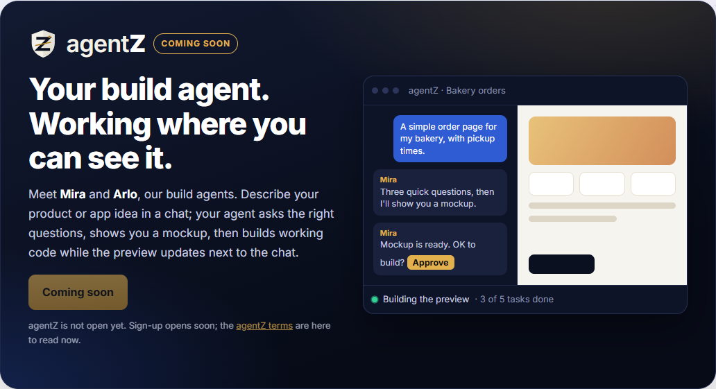 agentZ: a chat with the build agent next to a live preview