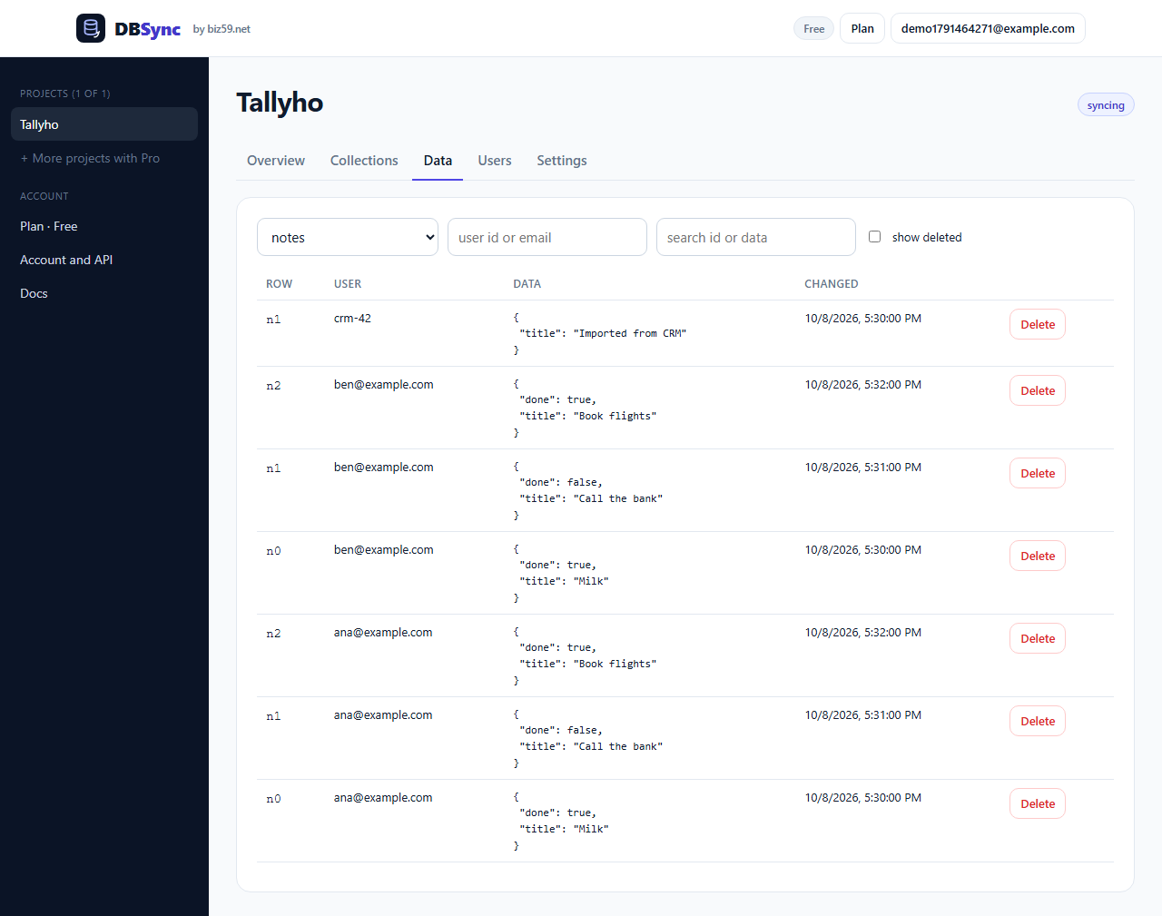 DBSync data browser with synced rows per user