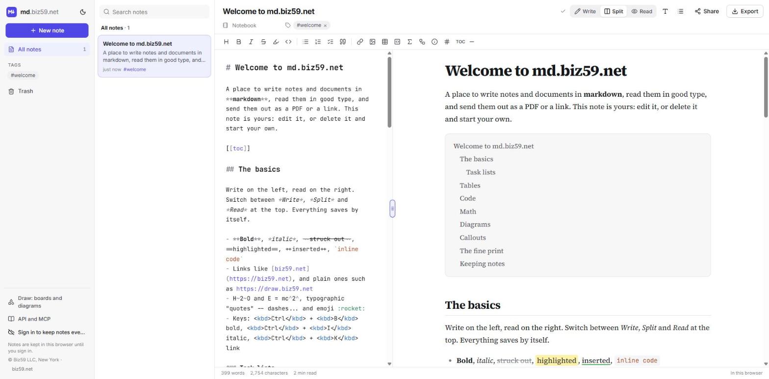 md.biz59.net with a note open in split view: markdown on the left, the finished page on the right