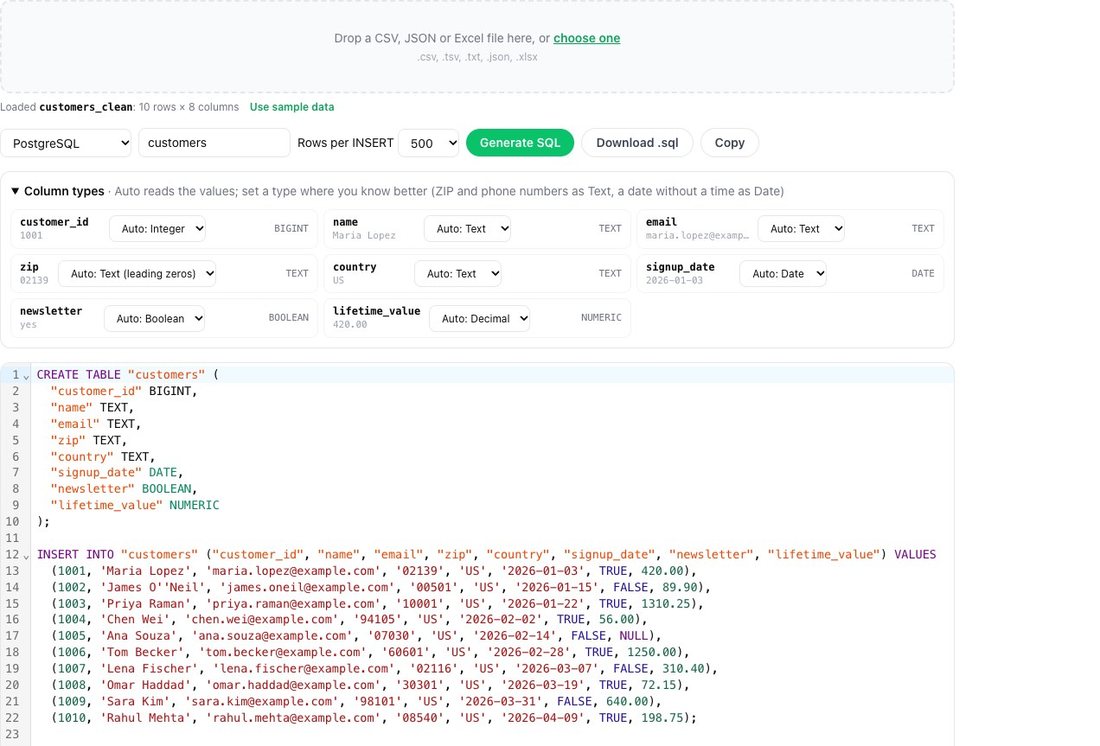 pilotbase.pro CSV to SQL: a CSV file turned into a CREATE TABLE and inserts