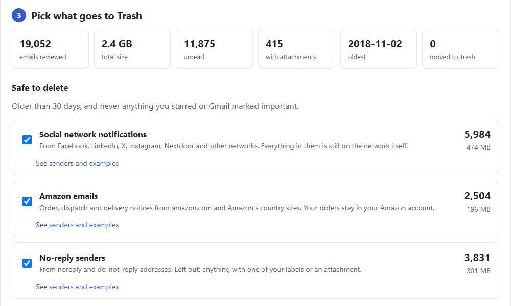 The email59 Gmail cleanup listing groups of old notifications that are safe to move to Trash