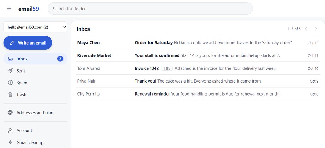 The email59 mailbox: an inbox with orders and supplier mail for a small bakery